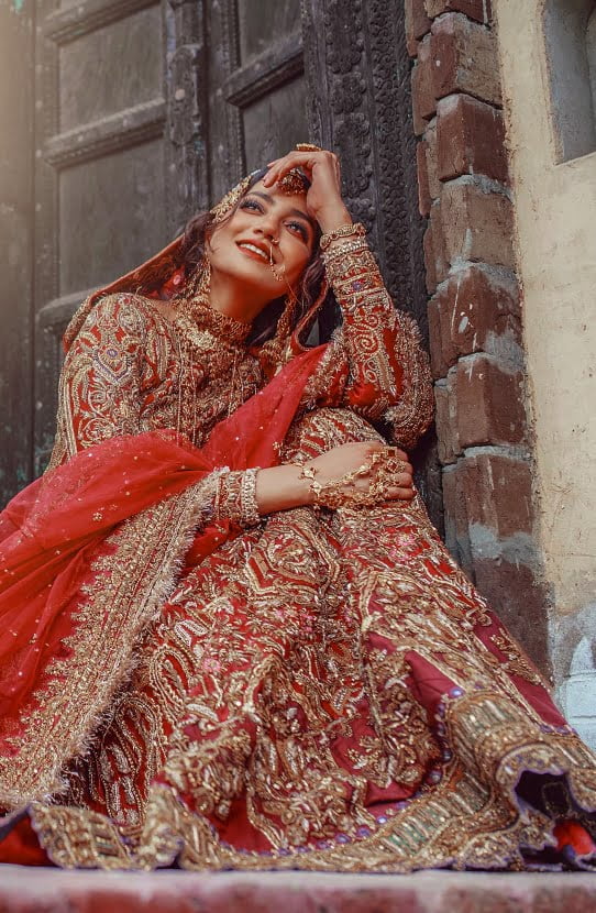 Traditional Pakistani Bridal Lehenga with Gold Embroidery
