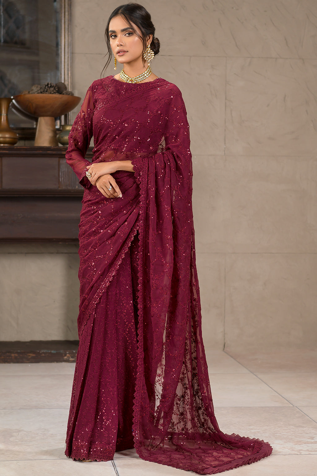 Berria Berry Sequins Embroidered Chiffon Ensemble