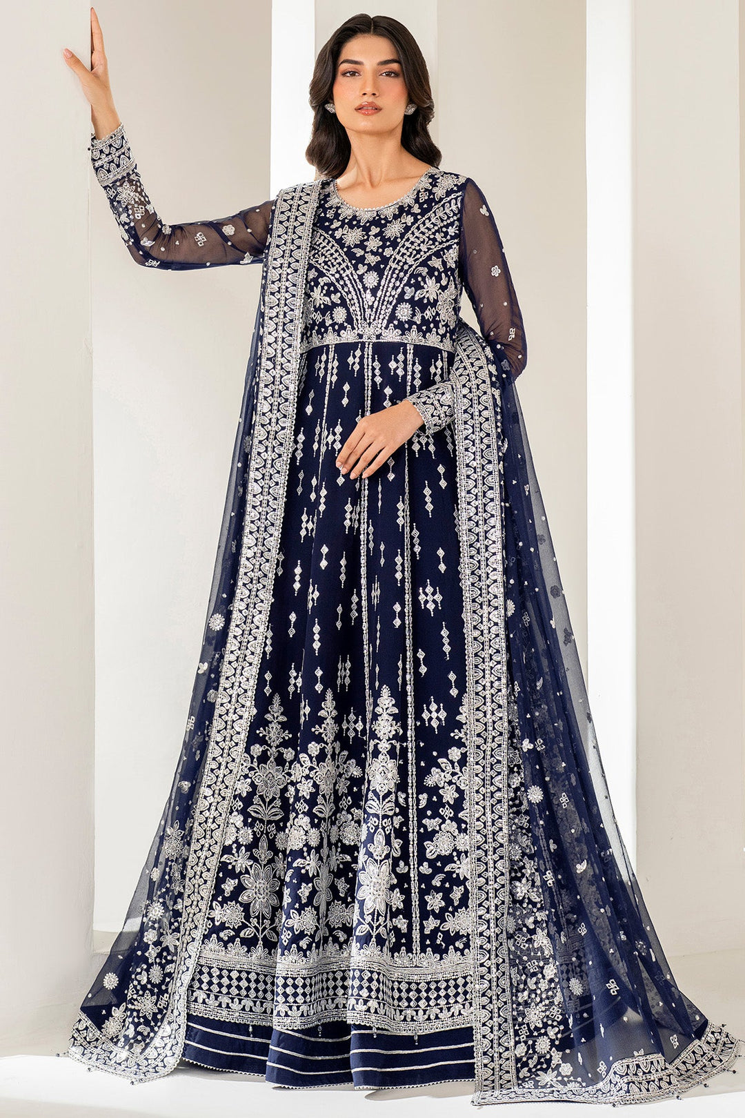 Deep Blue Embroidered Pakistani Wedding Dress with Pishwas Gharara