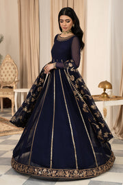 Deep Indigo Shade Pakistani Party Wear Kalidar Long Frock Pishwas 2024