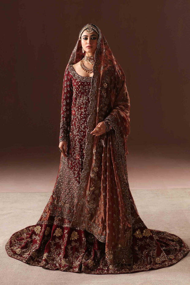 Deep Maroon Embroidered Pakistani Bridal Dress Farshi Gharara Style
