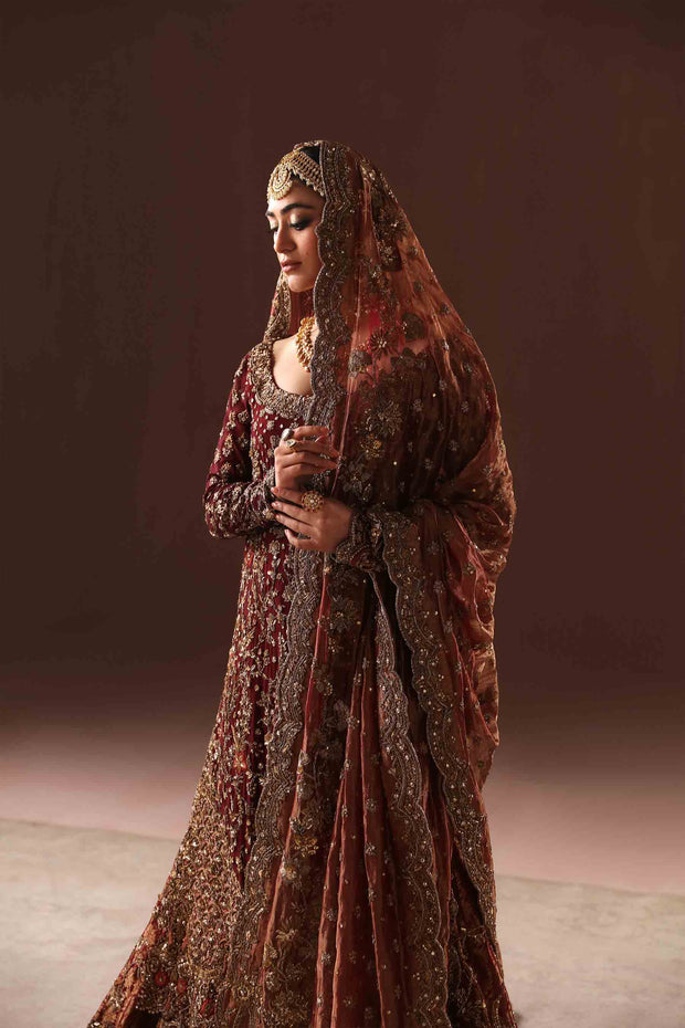 Deep Maroon Embroidered Pakistani Bridal Dress Farshi Gharara