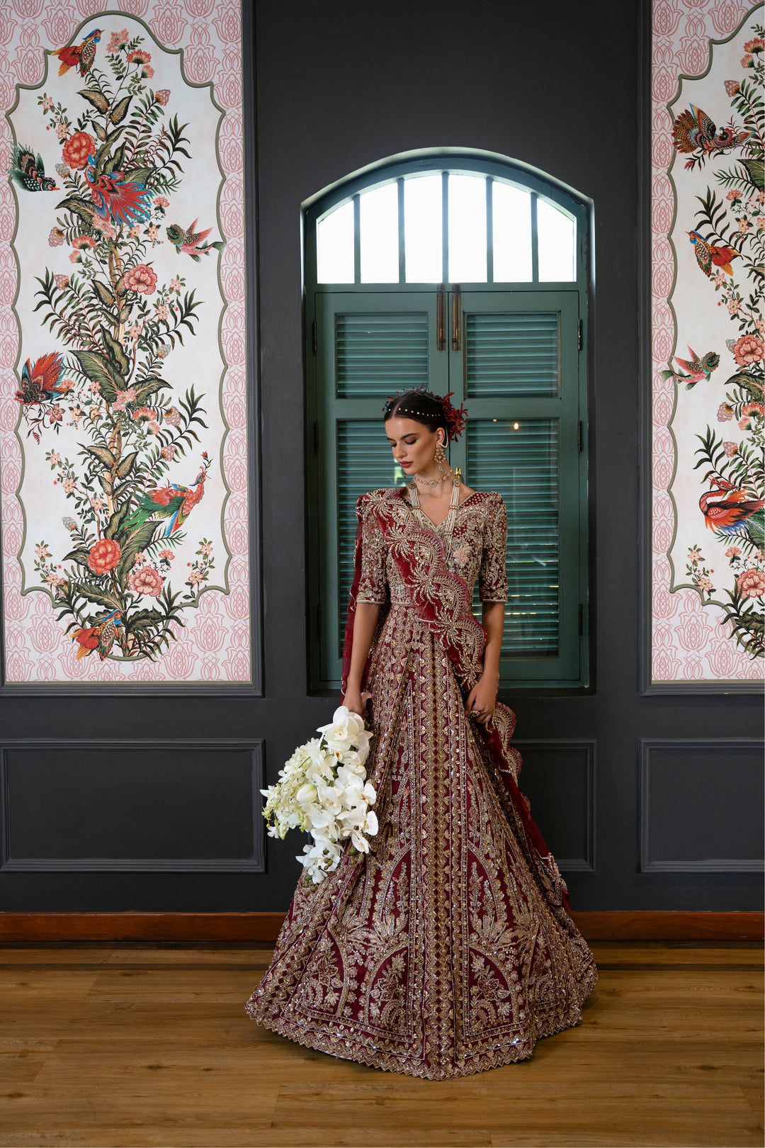 Deep Maroon Pakistani Bridal Choli and Lehenga Dress