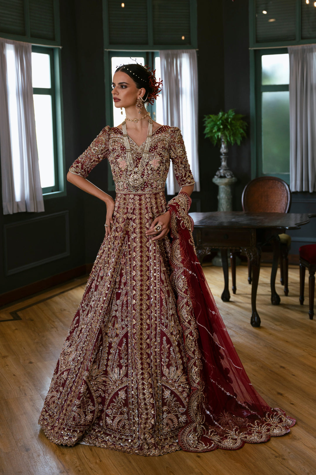 Deep Maroon Pakistani Bridal Choli and Lehenga Dress Online