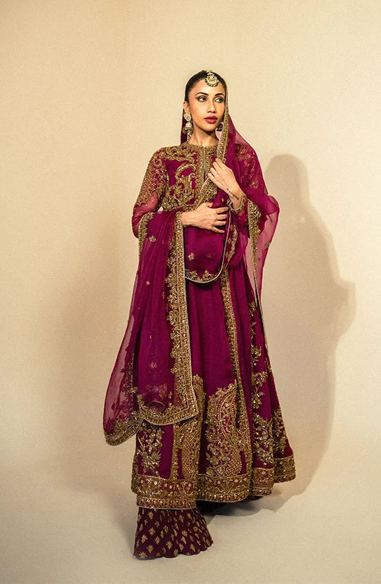 Deep Purple Pakistani Bridal Dress in Sharara Kameez Style
