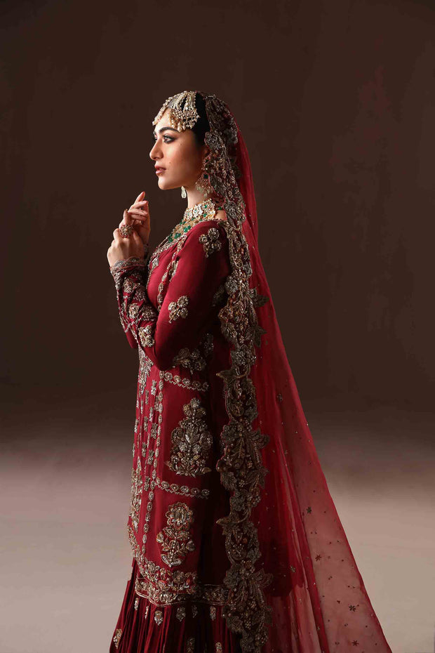 Deep Red Embroidered Pakistani Bridal Dress Gharara Kameez