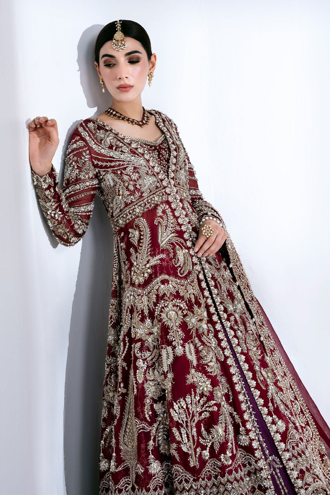 Deep Red Kalidaar Lehenga Style Pakistani Bridal Dress Online