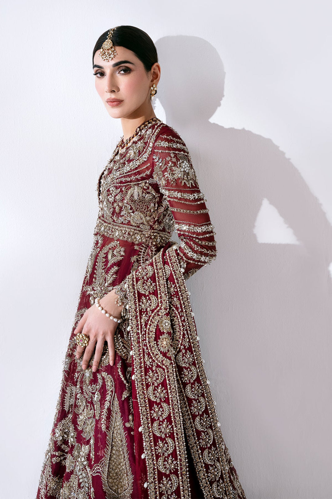 Deep Red Kalidaar and Lehenga Style Pakistani Bridal Dress