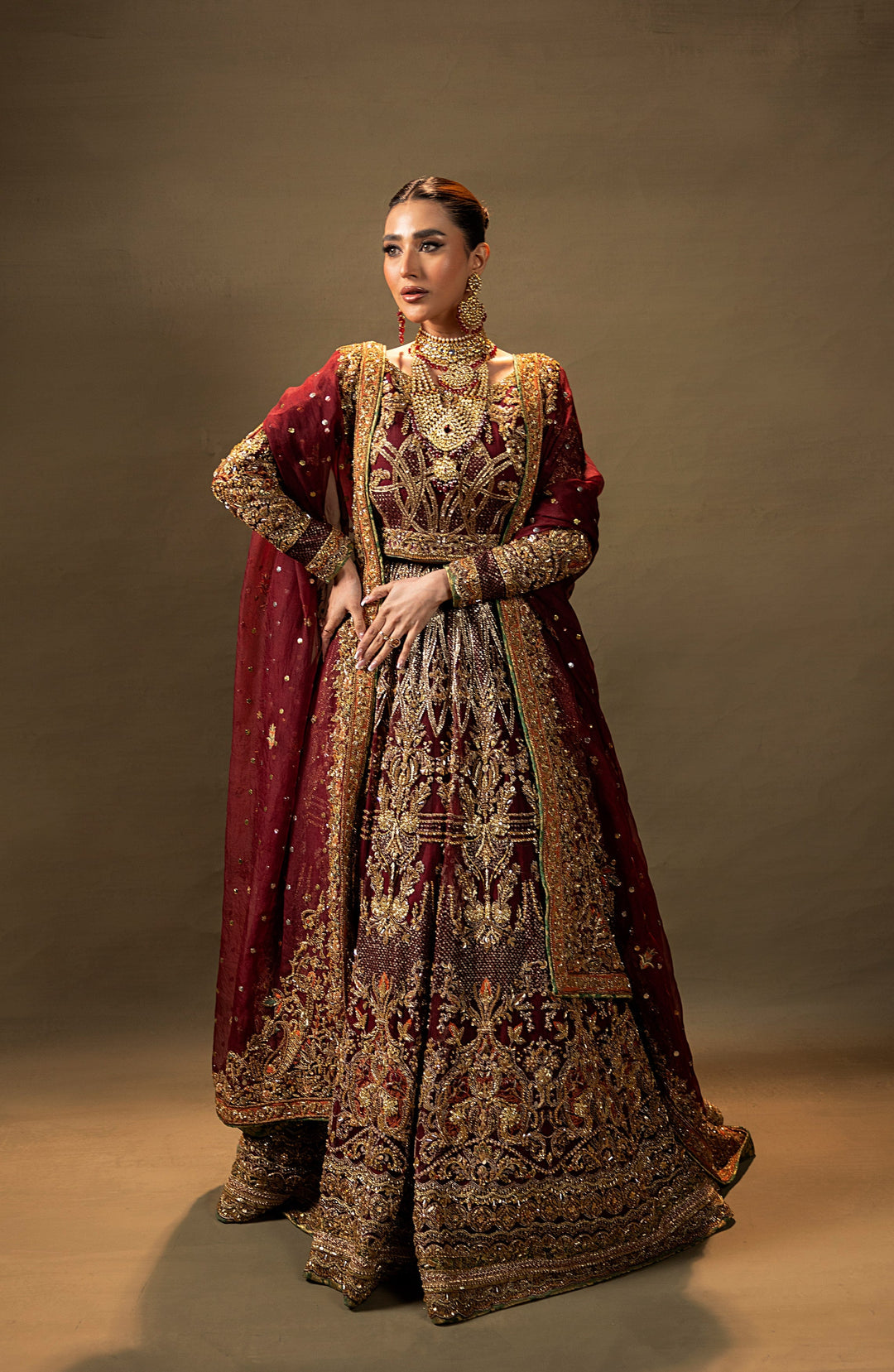 Gorgeous Maroon Pakistani Bridal Lehenga Set with Dupatta
