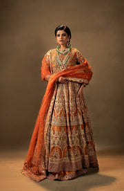 Rust Orange Pishwas with Jamawar Lehenga - Pakistani Bridal Dress