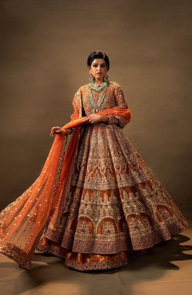 Rust Orange Pishwas with Jamawar Lehenga - Pakistani Bridal Dress