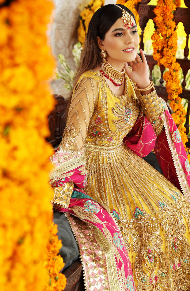 Yellow Embroidered Net Pakistani Bridal Dress