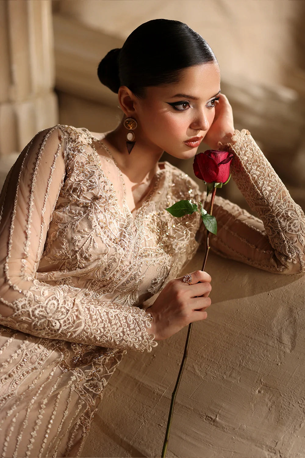 Elegant Beige Sequins Embroidered Net Pakistani Party Dress