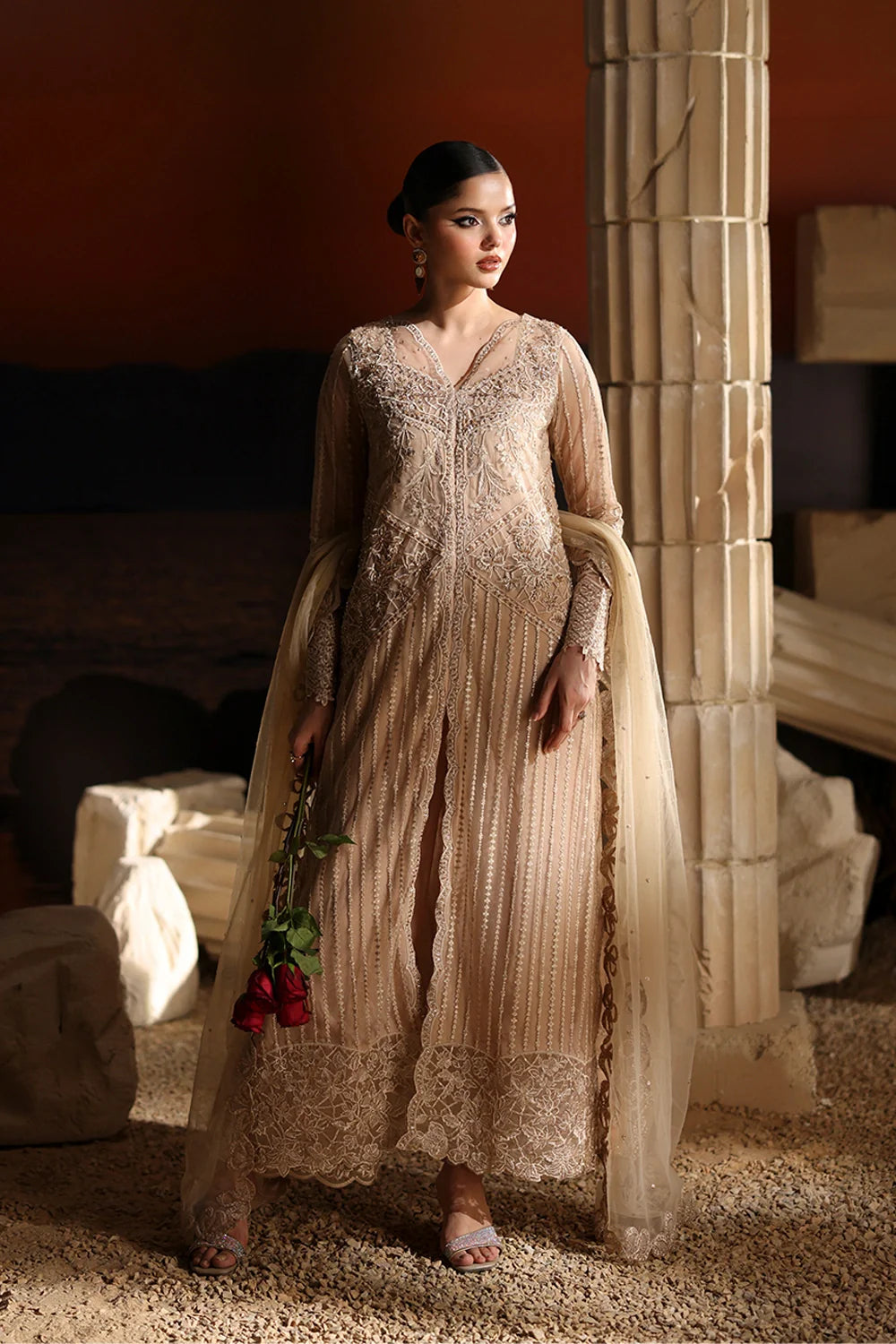 Elegant Beige Sequins Embroidered Net Pakistani Party Dress