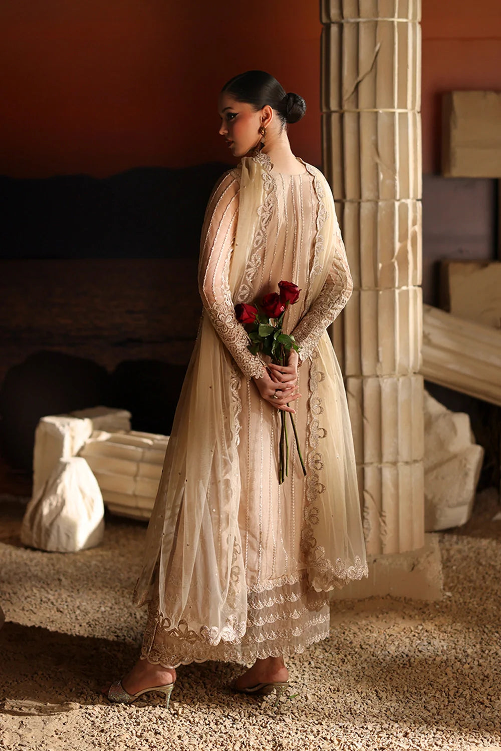 Elegant Beige Sequins Embroidered Net Pakistani Party Dress