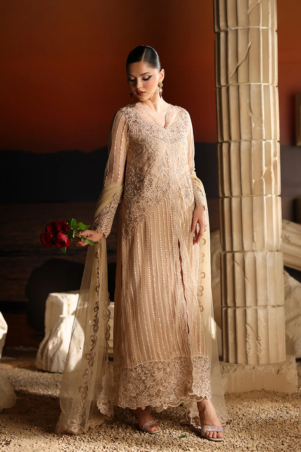 Elegant Beige Sequins Embroidered Net Pakistani Party Dress
