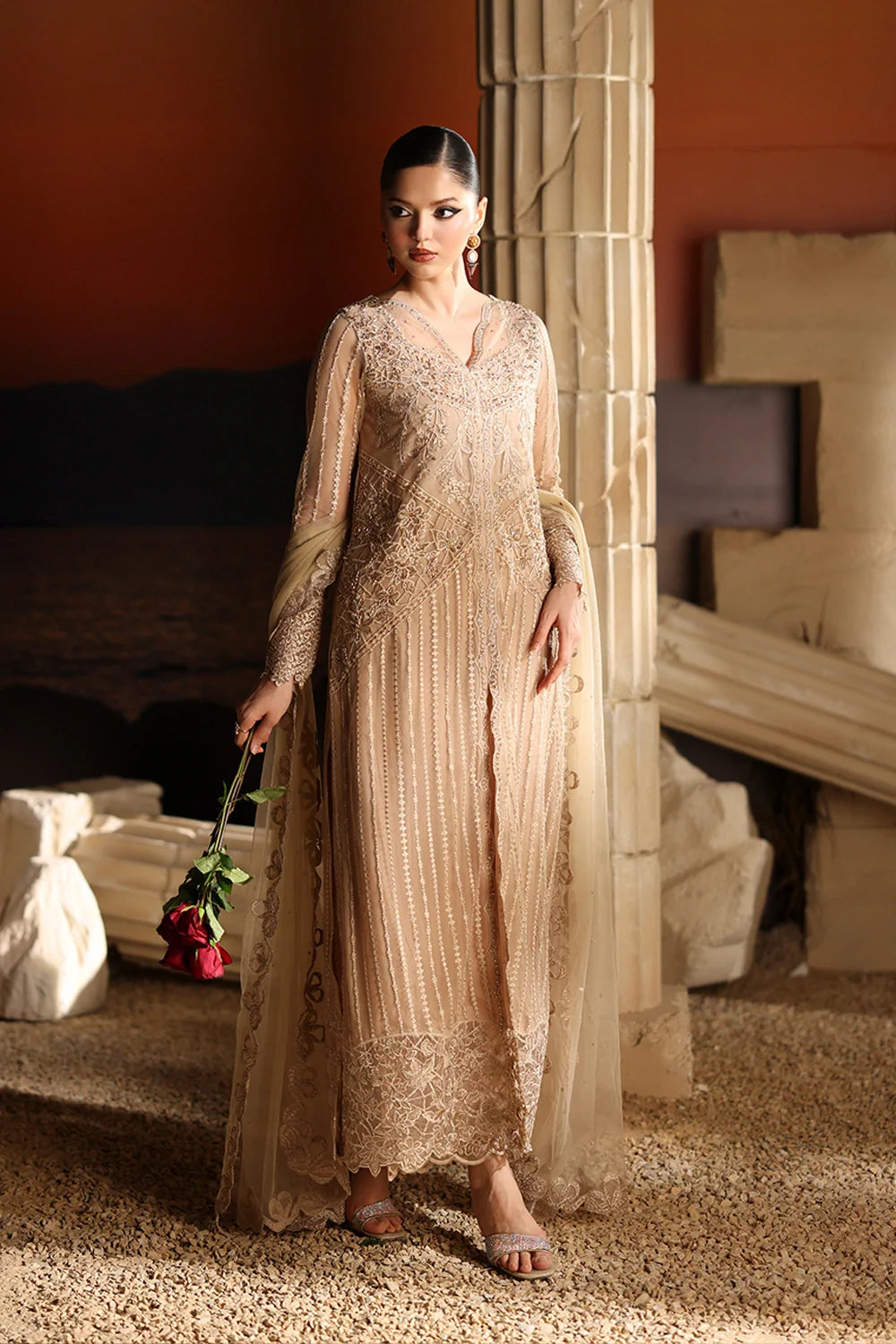 Elegant Beige Sequins Embroidered Net Pakistani Party Dress