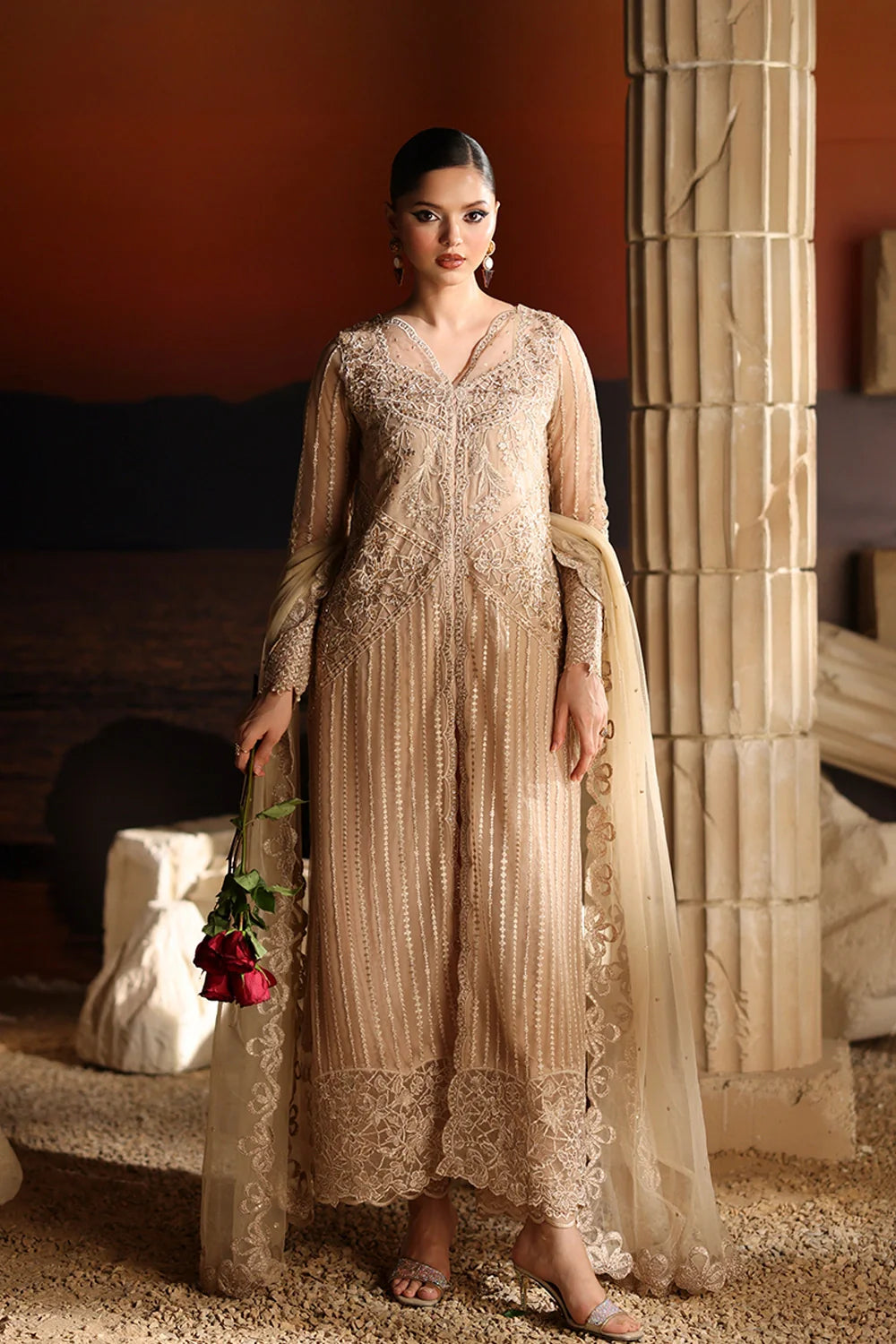 Elegant Beige Sequins Embroidered Net Pakistani Party Dress