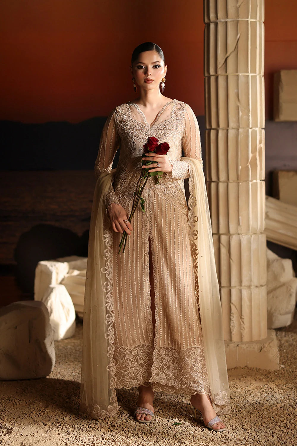 Elegant Beige Sequins Embroidered Net Pakistani Party Dress