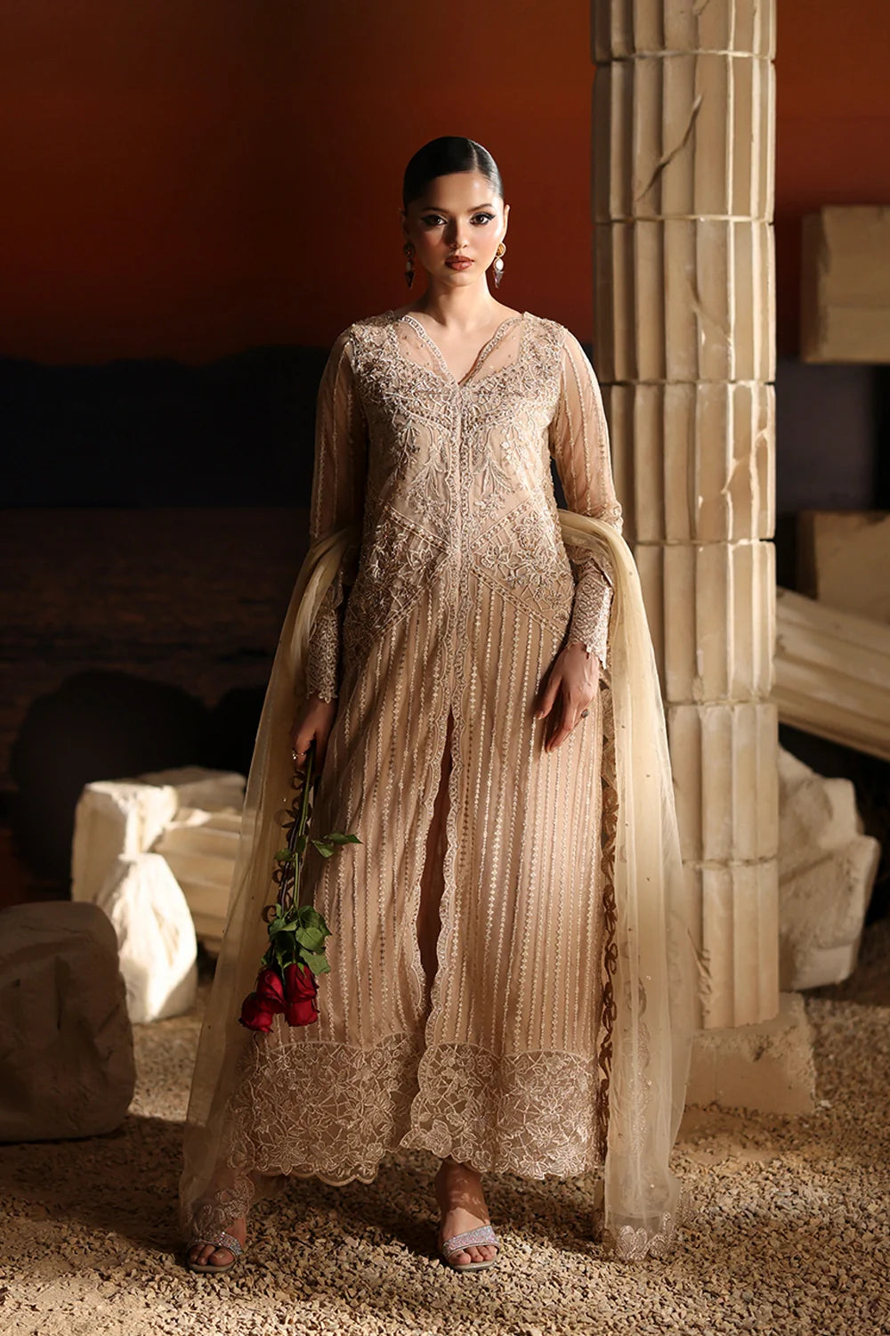 Elegant Beige Sequins Embroidered Net Pakistani Party Dress