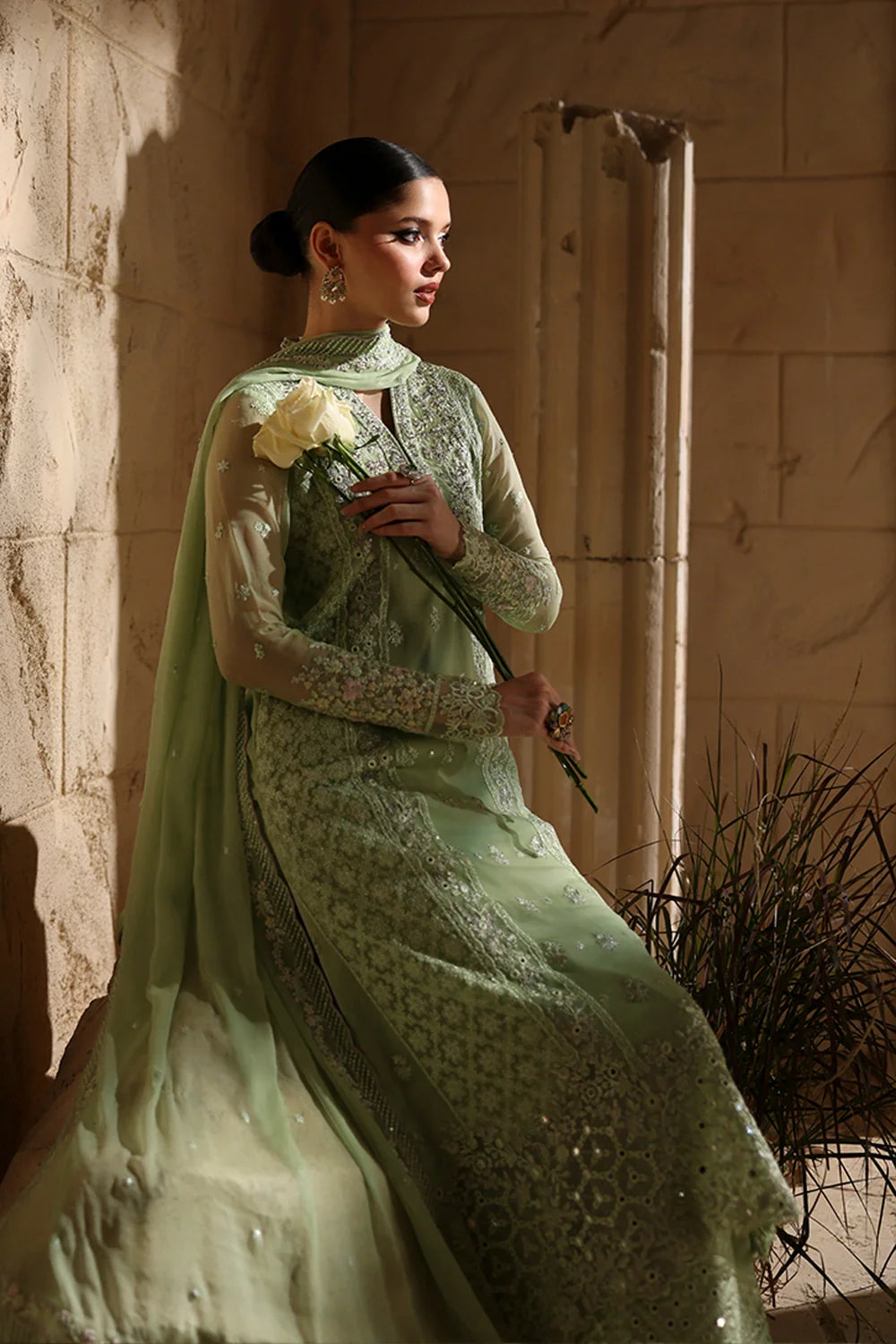 Elegant Light Green Hand Embellished Chiffon Pakistani Party Outfit with Dupatta