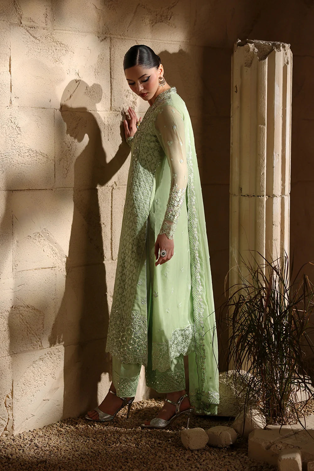 Elegant Light Green Hand Embellished Chiffon Pakistani Party Outfit with Dupatta