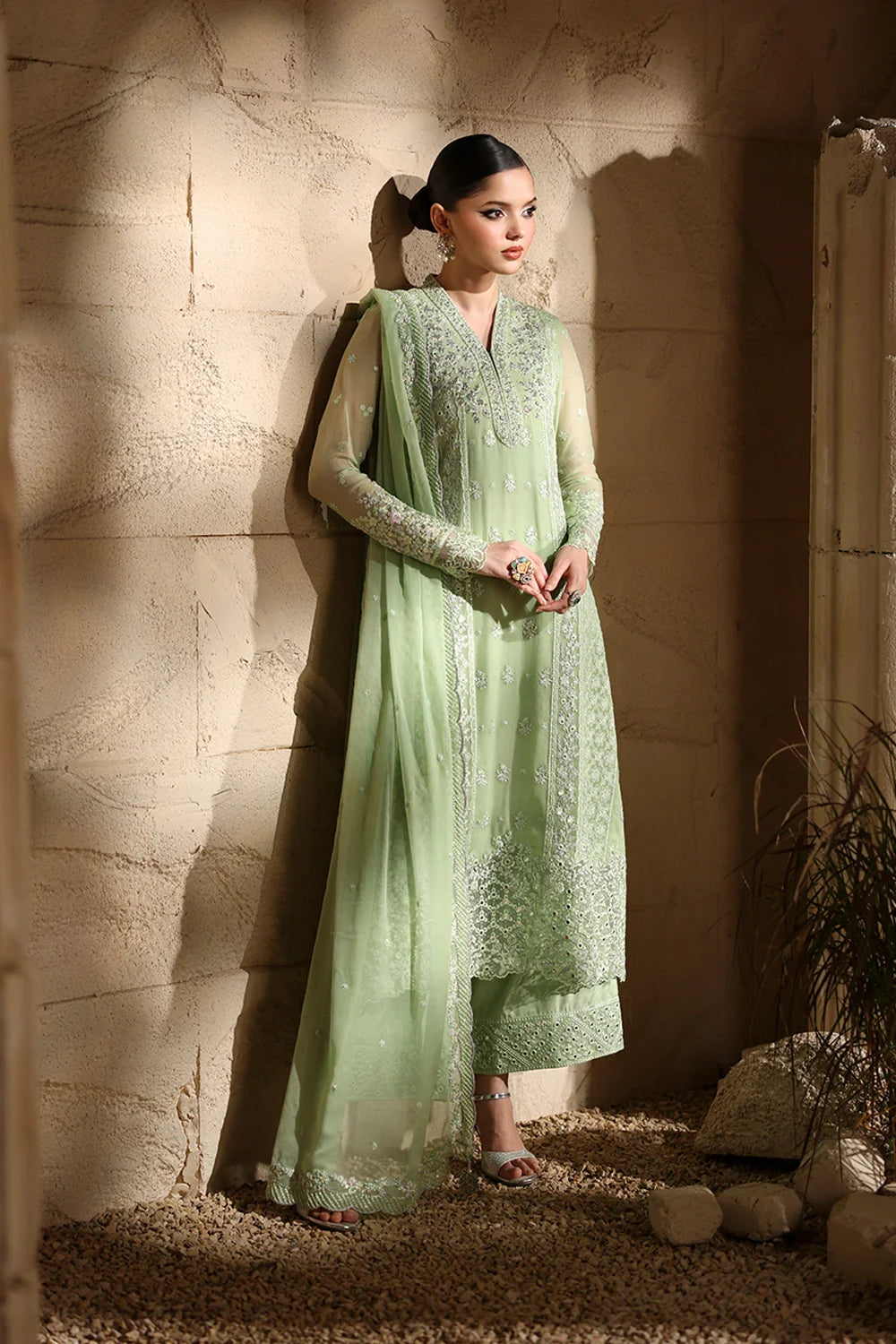 Elegant Light Green Hand Embellished Chiffon Pakistani Party Outfit with Dupatta