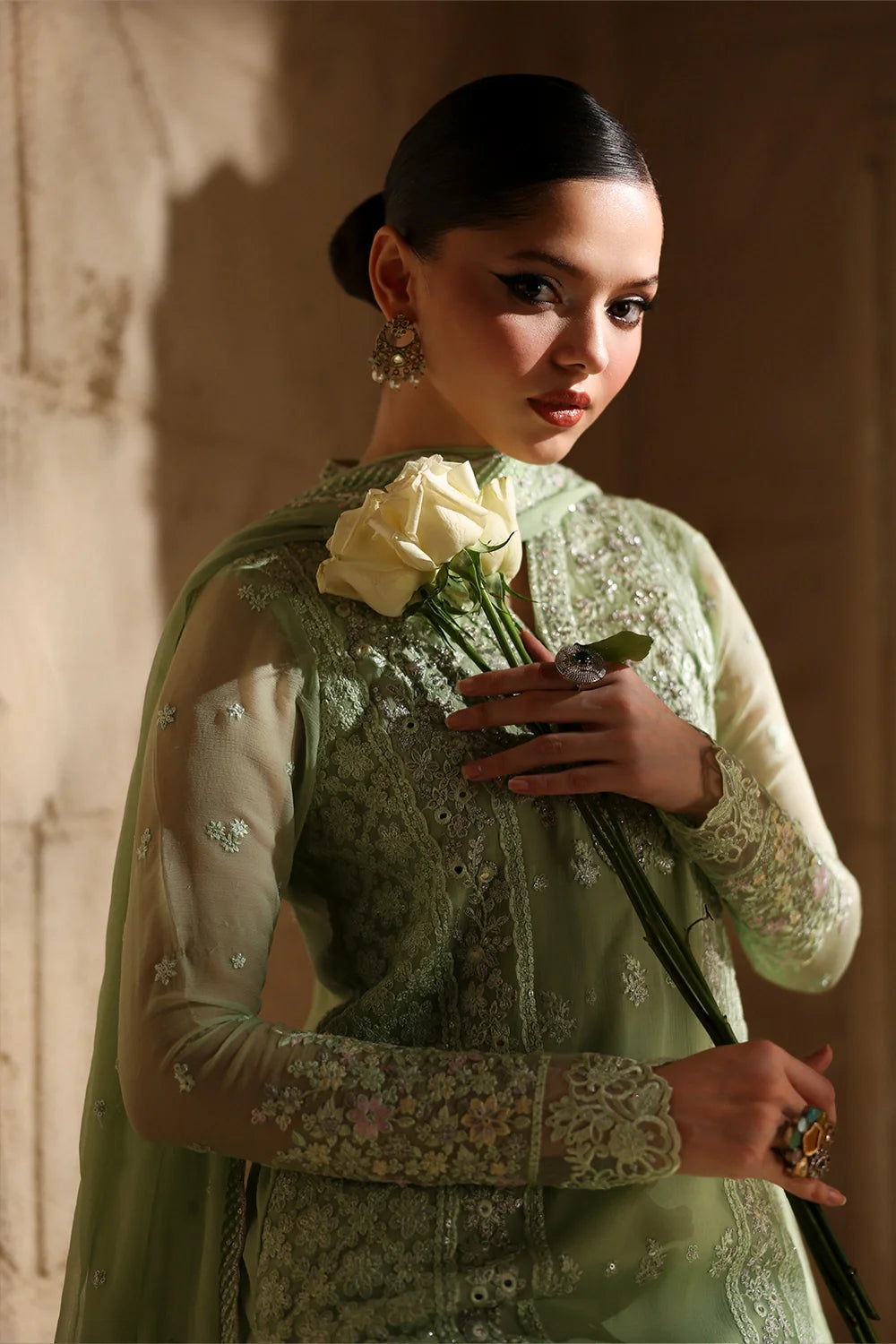 Elegant Light Green Hand Embellished Chiffon Pakistani Party Outfit with Dupatta