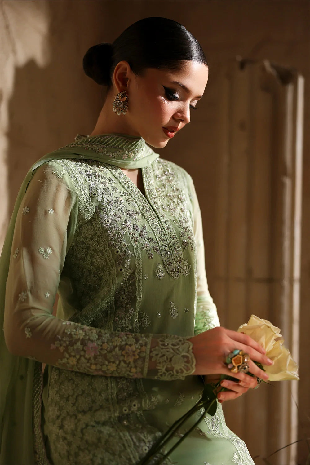 Elegant Light Green Hand Embellished Chiffon Pakistani Party Outfit with Dupatta