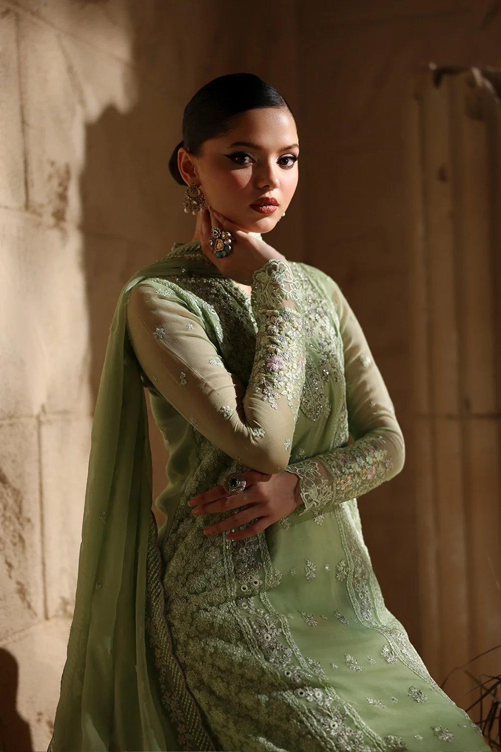 Elegant Light Green Hand Embellished Chiffon Pakistani Party Outfit with Dupatta
