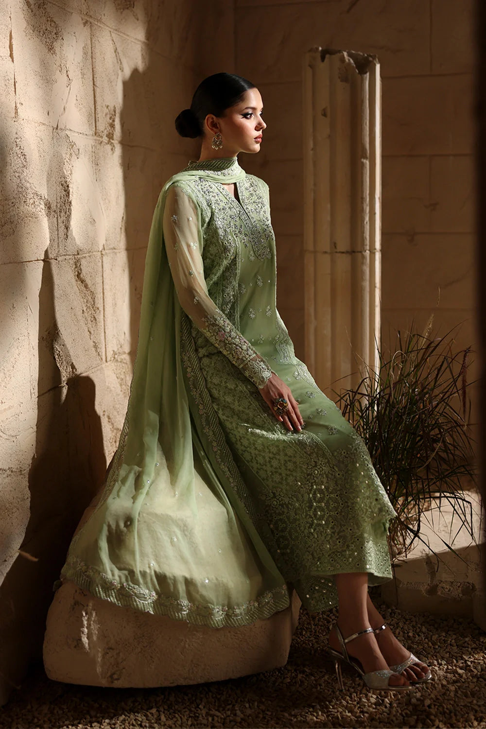 Elegant Light Green Hand Embellished Chiffon Pakistani Party Outfit with Dupatta