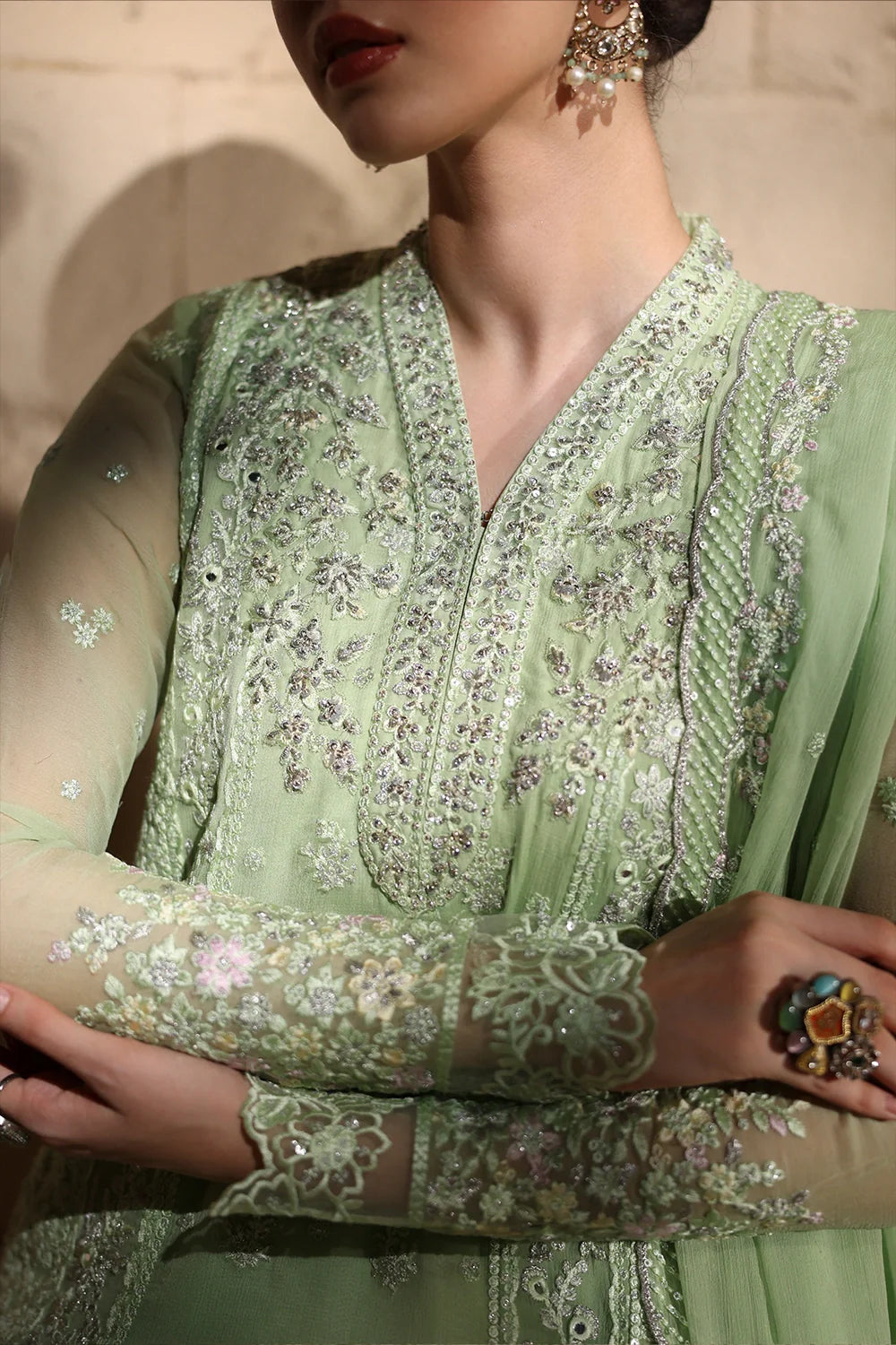 Elegant Light Green Hand Embellished Chiffon Pakistani Party Outfit with Dupatta