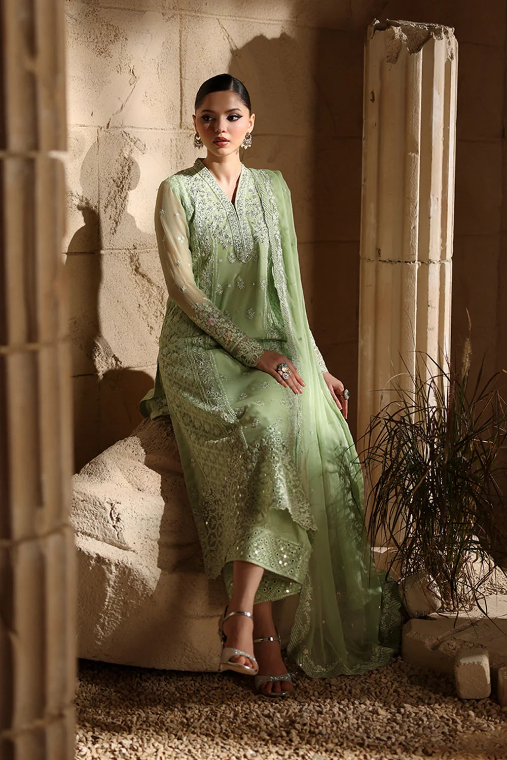 Elegant Light Green Hand Embellished Chiffon Pakistani Party Outfit with Dupatta