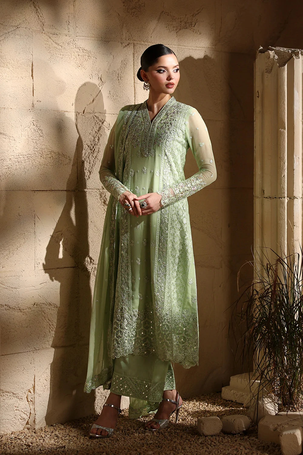 Elegant Light Green Hand Embellished Chiffon Pakistani Party Outfit with Dupatta
