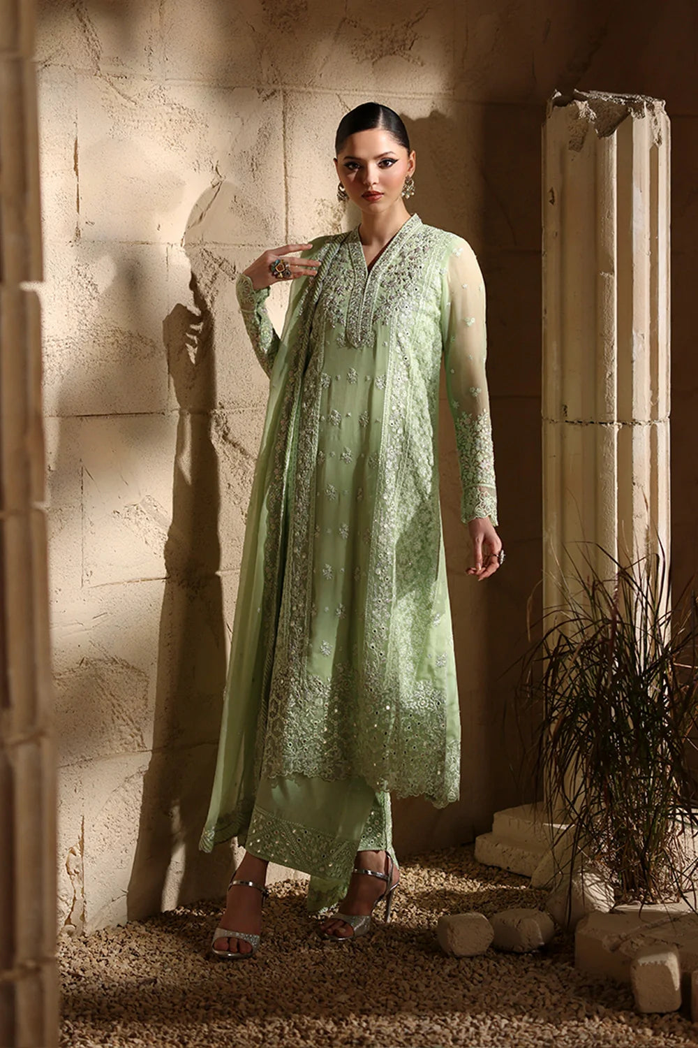 Elegant Light Green Hand Embellished Chiffon Pakistani Party Outfit with Dupatta