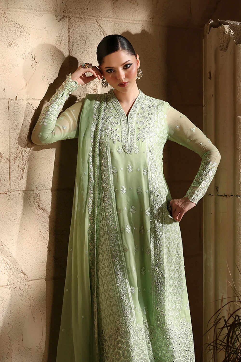 Elegant Light Green Hand Embellished Chiffon Pakistani Party Outfit with Dupatta