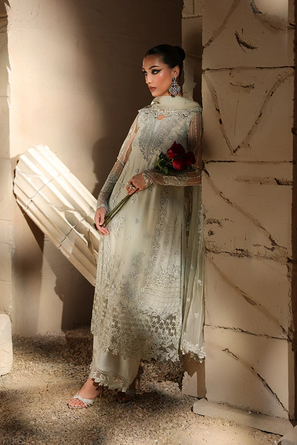 Elegant Mint Green Hand Embellished Net Pakistani Party Dress