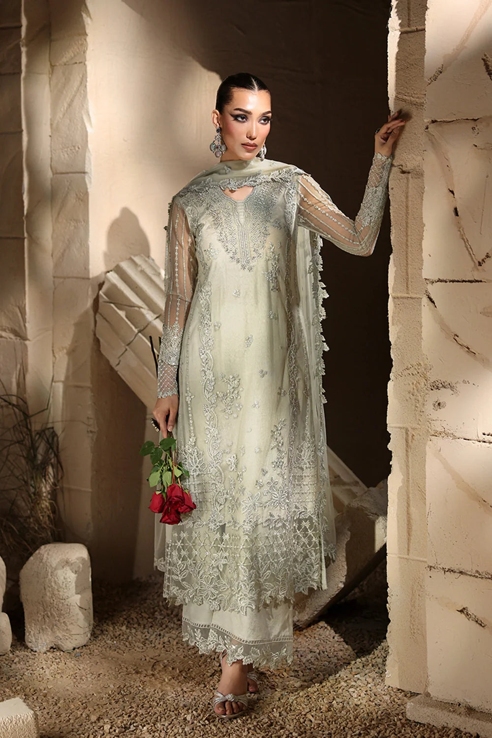 Elegant Mint Green Hand Embellished Net Pakistani Party Dress