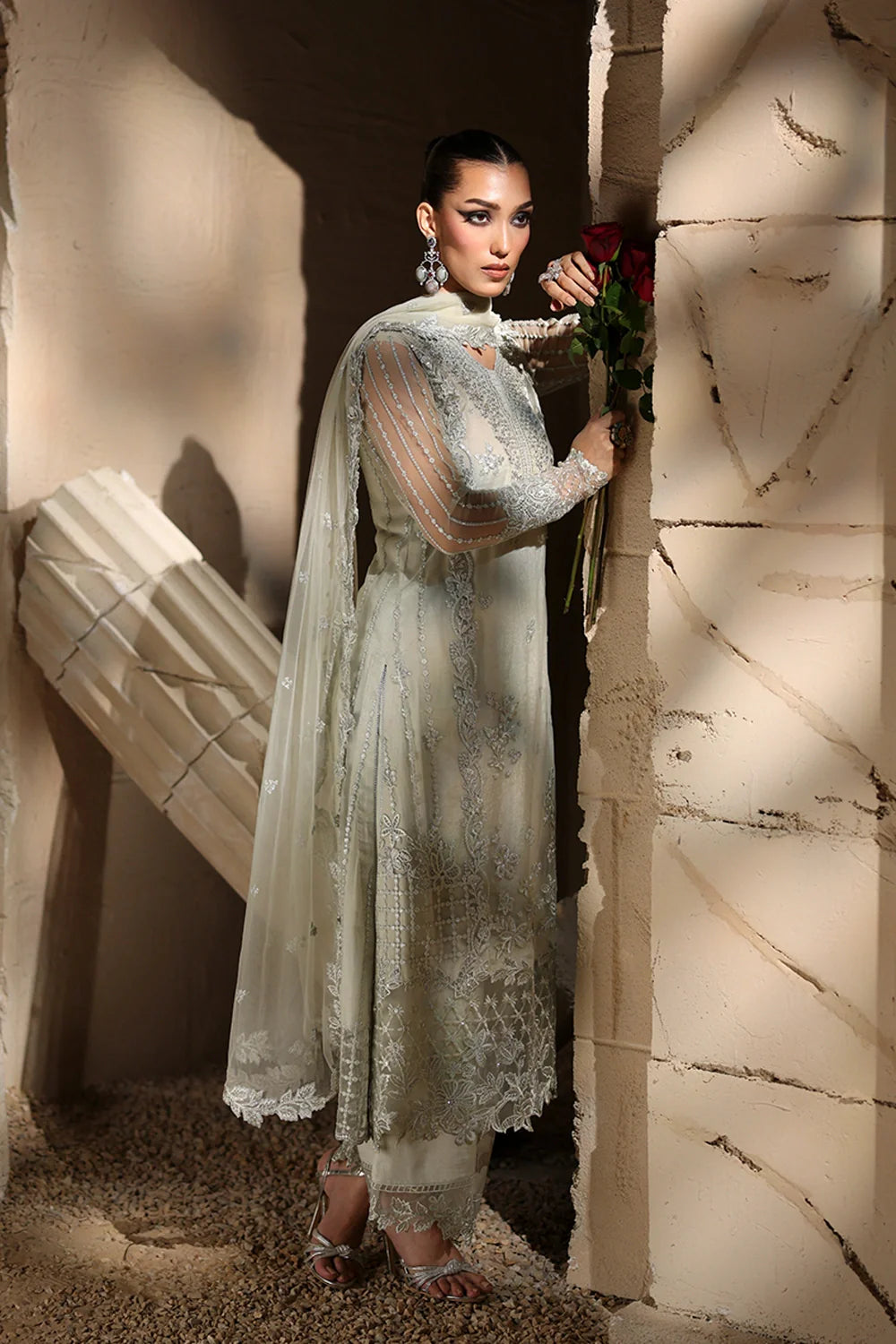 Elegant Mint Green Hand Embellished Net Pakistani Party Dress