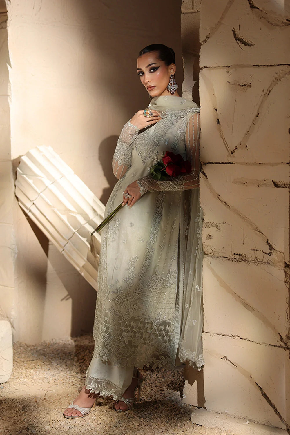 Elegant Mint Green Hand Embellished Net Pakistani Party Dress