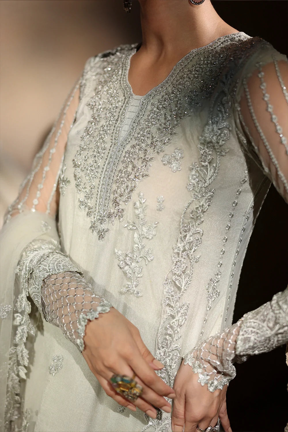 Elegant Mint Green Hand Embellished Net Pakistani Party Dress