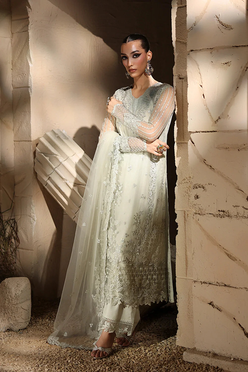 Elegant Mint Green Hand Embellished Net Pakistani Party Dress