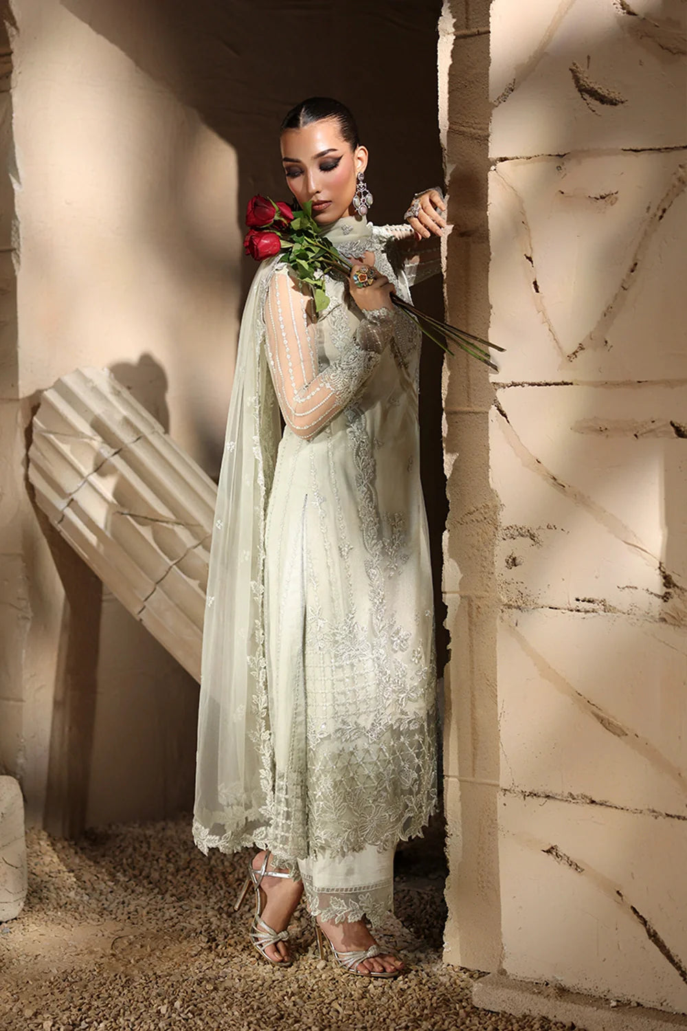 Elegant Mint Green Hand Embellished Net Pakistani Party Dress