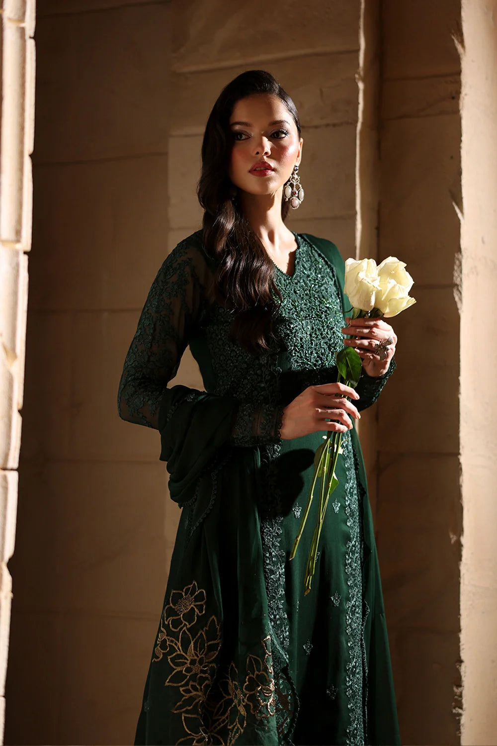 Elegant Dark Green Hand Embellished Chiffon Pakistani Party Dress