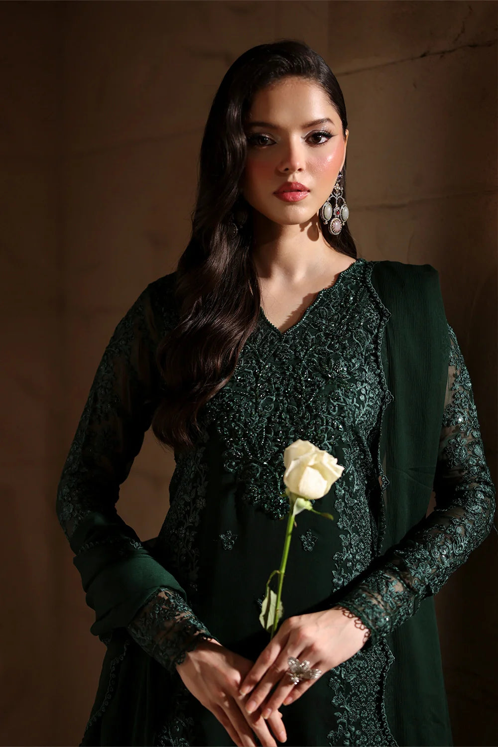 Elegant Dark Green Hand Embellished Chiffon Pakistani Party Dress