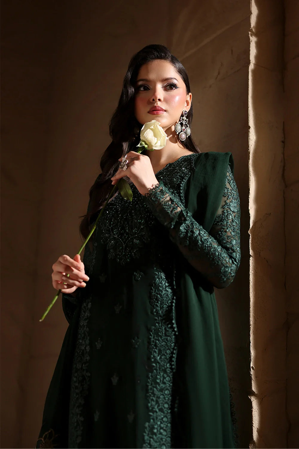 Elegant Dark Green Hand Embellished Chiffon Pakistani Party Dress
