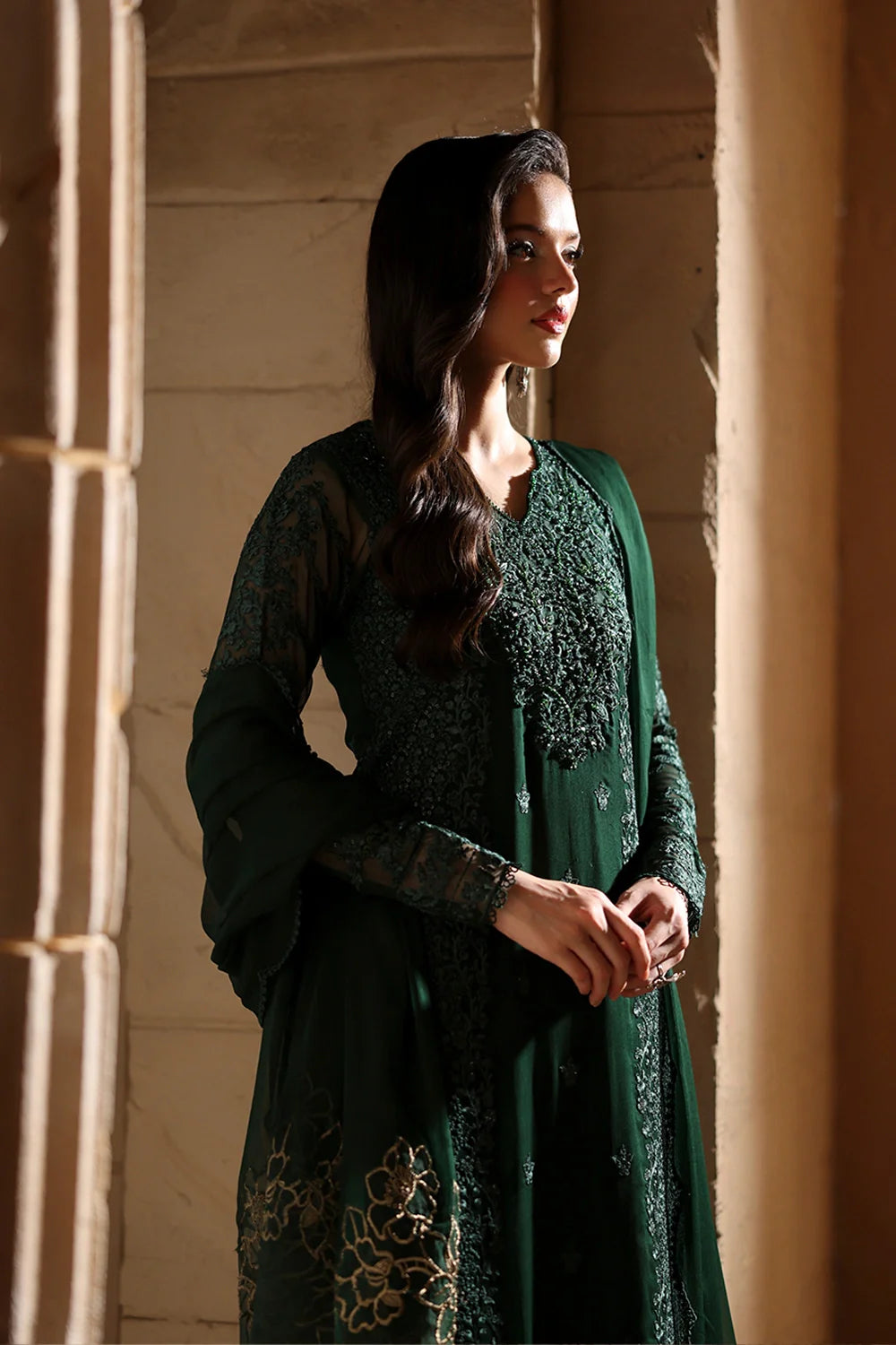 Elegant Dark Green Hand Embellished Chiffon Pakistani Party Dress
