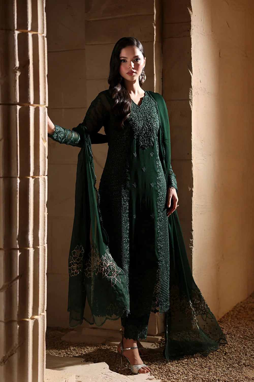 Elegant Dark Green Hand Embellished Chiffon Pakistani Party Dress