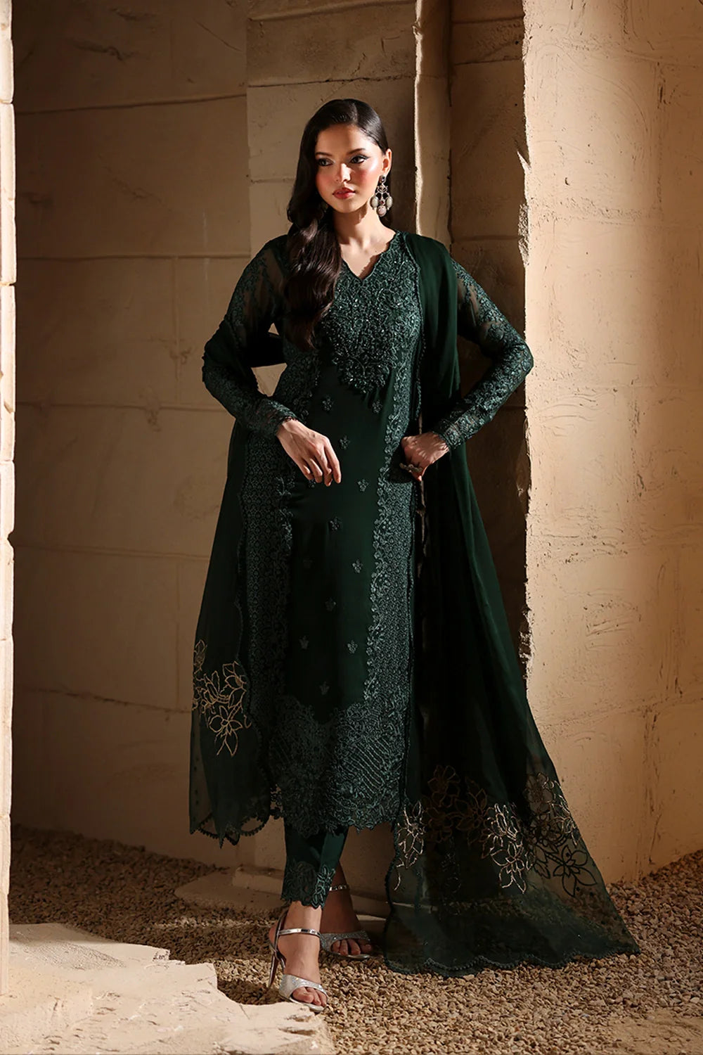Elegant Dark Green Hand Embellished Chiffon Pakistani Party Dress