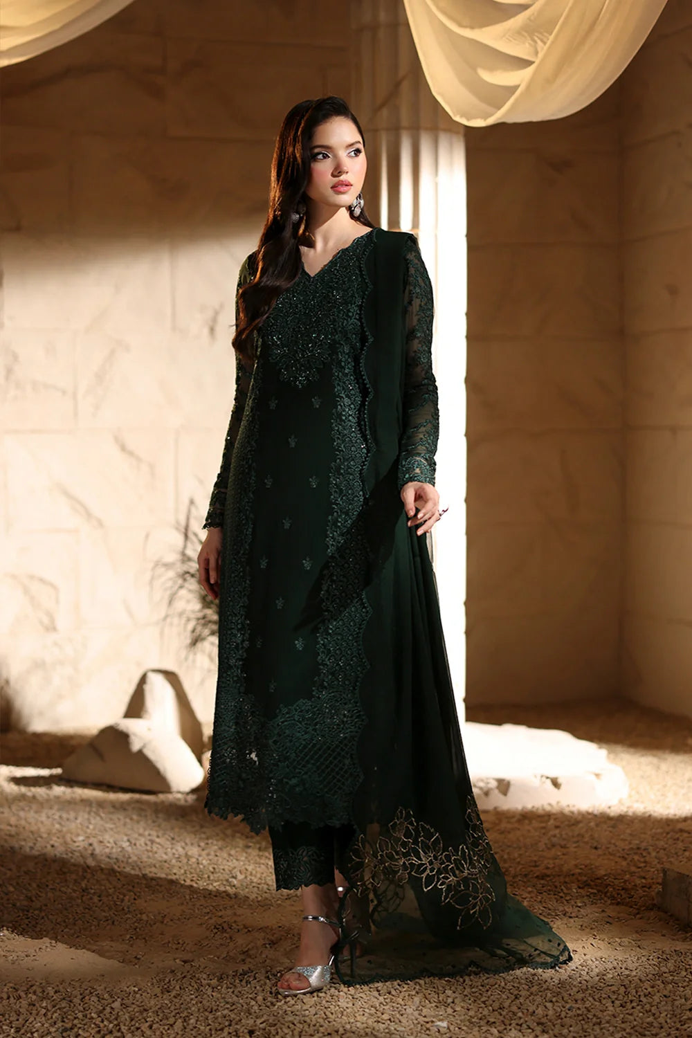 Elegant Dark Green Hand Embellished Chiffon Pakistani Party Dress